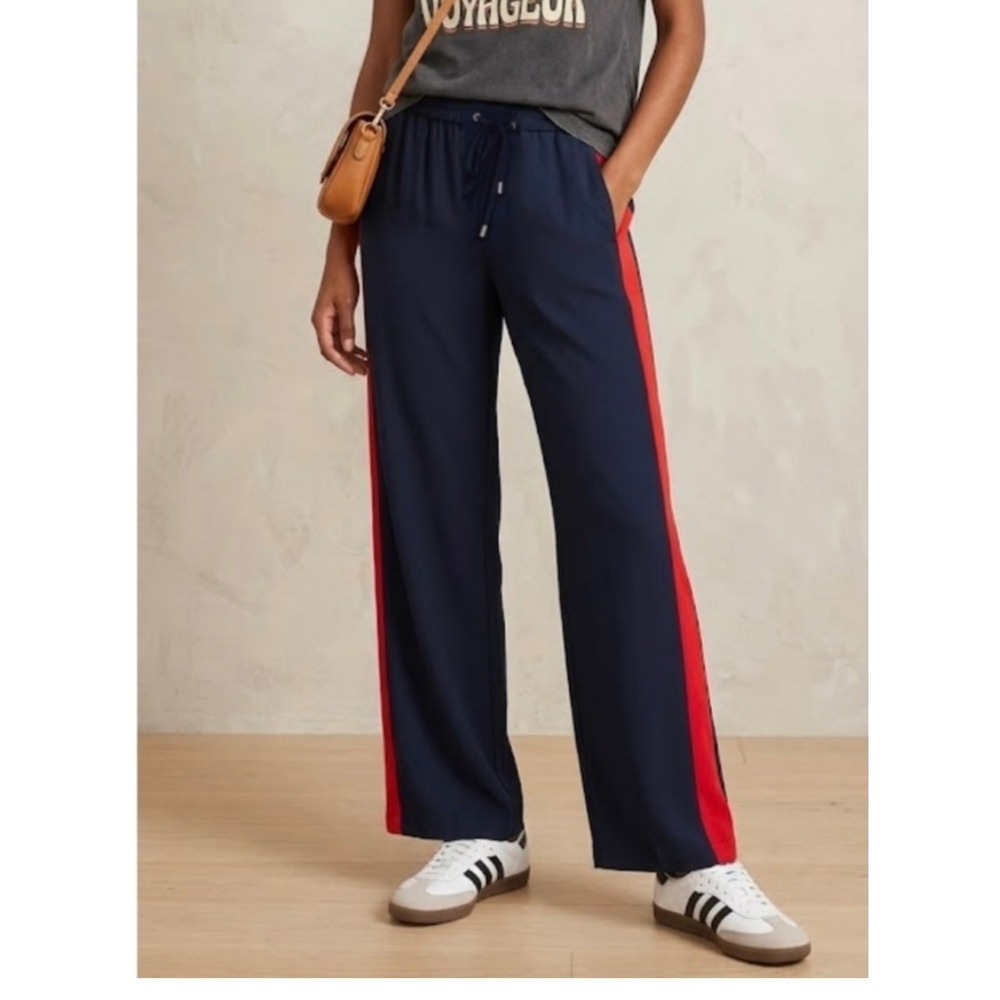 Anthropologie Second Female Trousers Women Wide Leg Side Stripe L Navy Blue Red‎